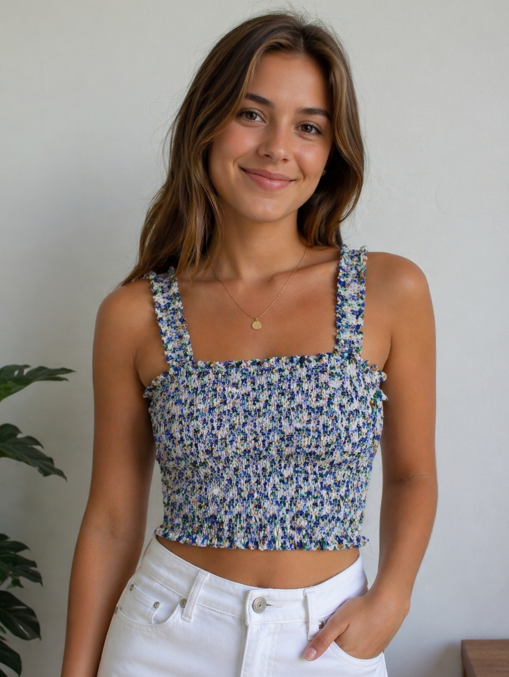 Veronica Beard Averie Womens M Floral Print Smock Crop Tank Blue Ruffle Stretch